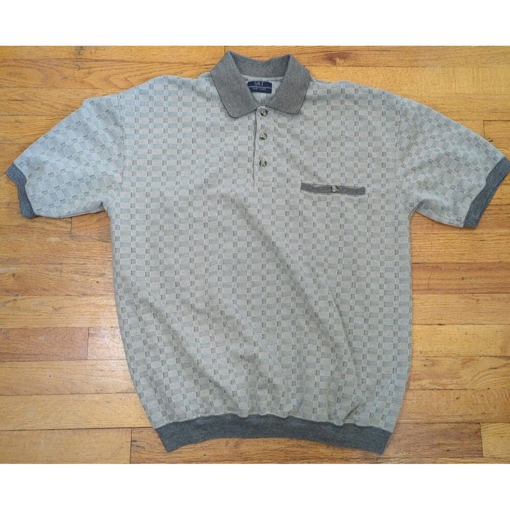 Vintage SRT Easy Care 80s Retro Grandpa Polo Preppy Sweater Tan Shirt Sz. L